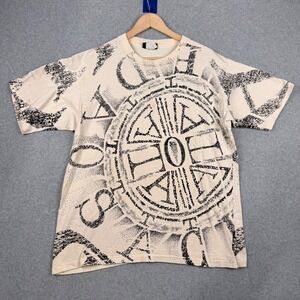 Vintage T Shirt Softouch Mens OS Cream Black AOP 90s Single Stitch USA Compass